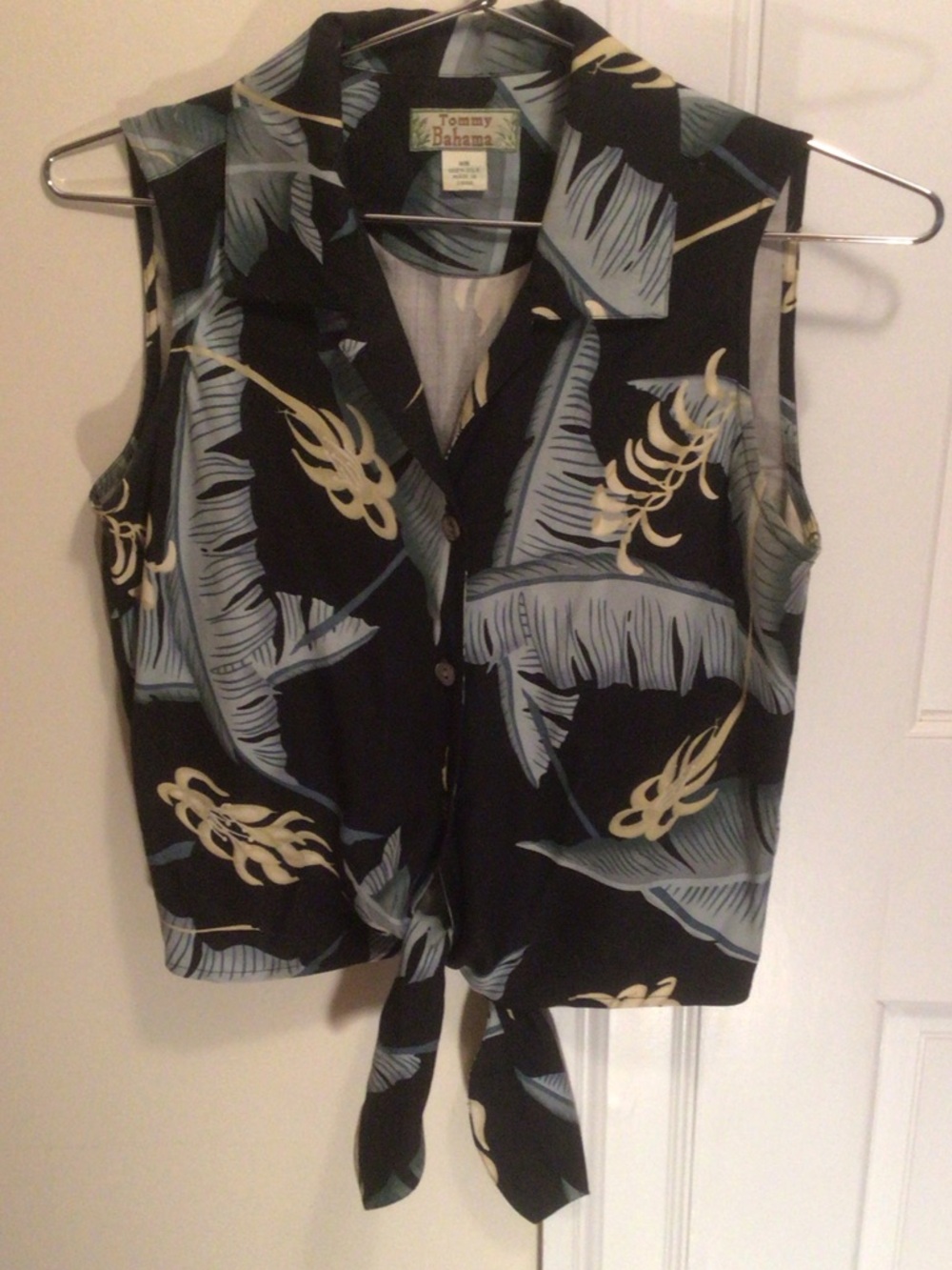 Tommy Bahama Silk Black Tie-Front Tropical Sleeveless Blouse